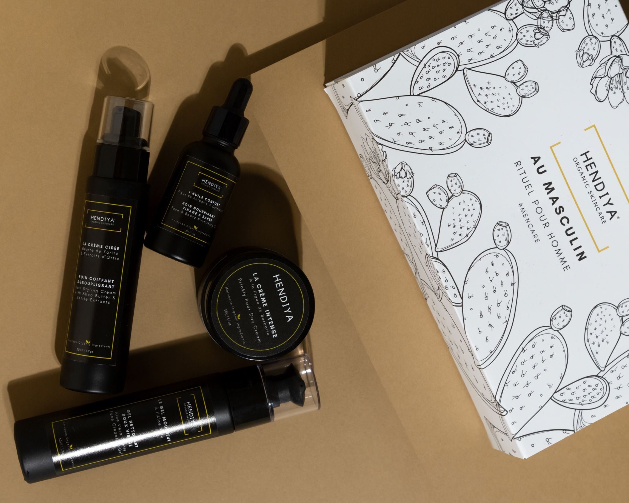 Hendiya® organic men's skincare routine: cleansing, hydration, and sun protection